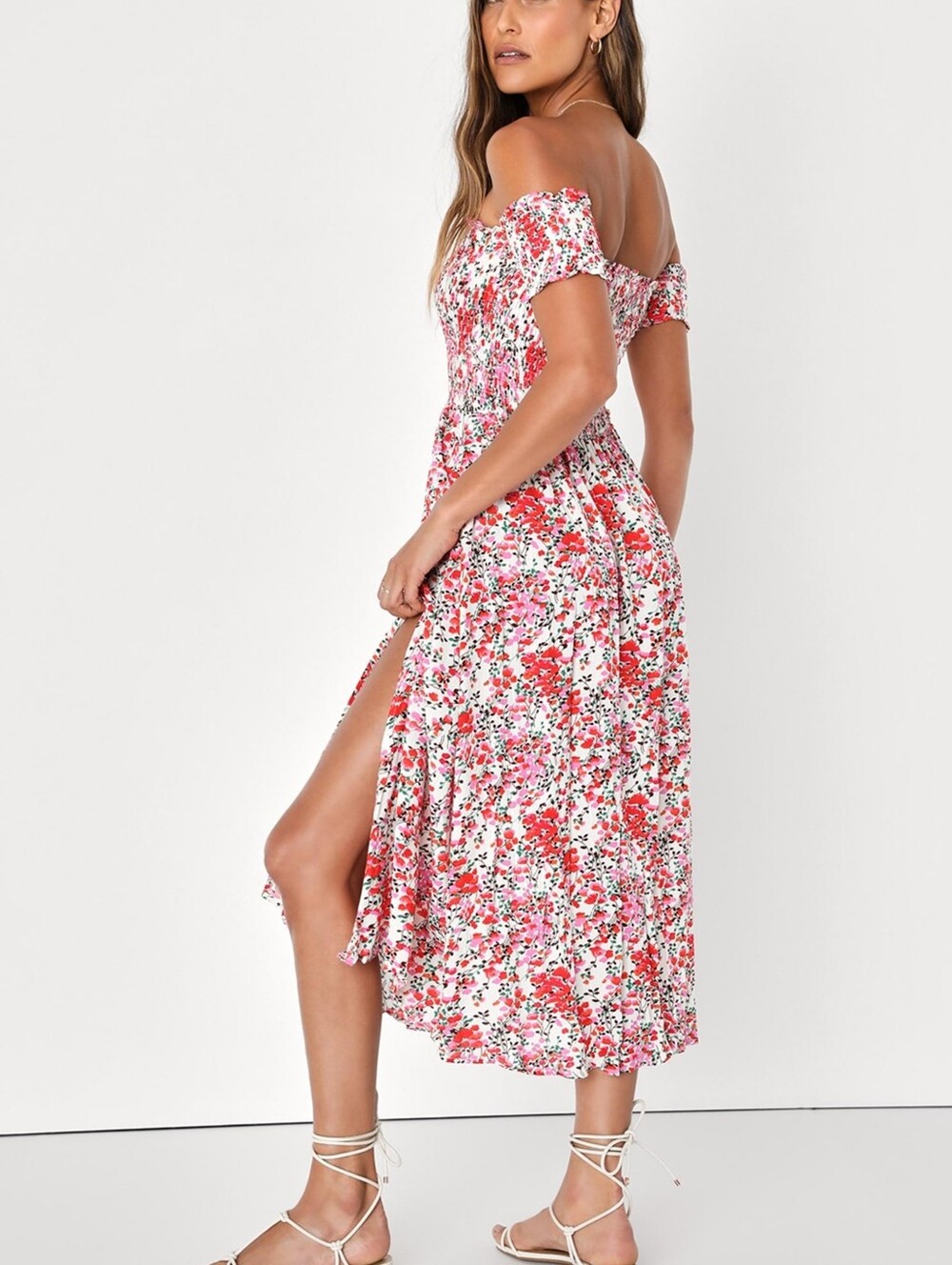 Lulus View from the Meadow Cream Floral Print Off-the-Shoulder Dress